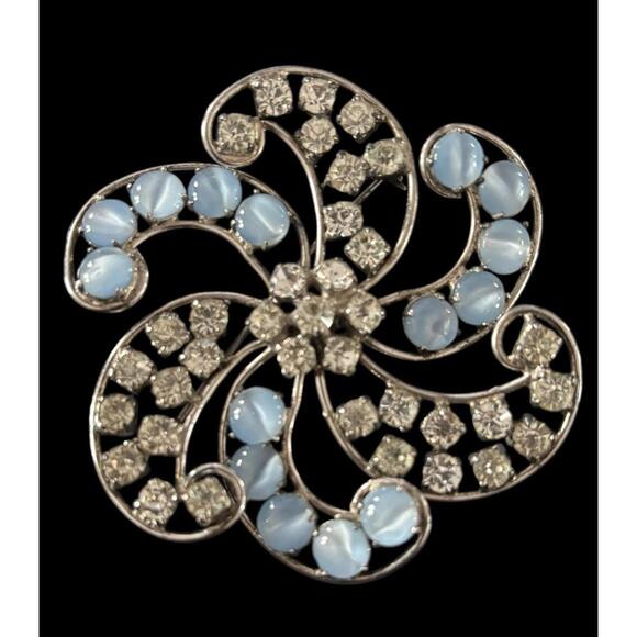 Vintage Sterling Silver Moonstone Rhinestone Flower Spray/Pinwheel Pin Brooch 3”